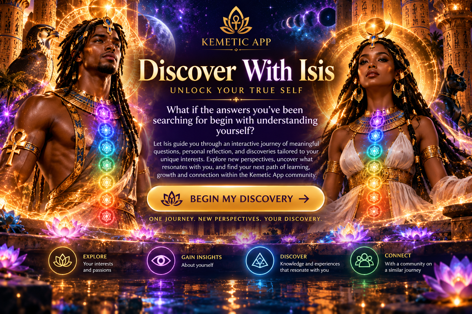 Melanated Kemetic man and woman surrounded by golden sacred symbols and luminous chakra auras, inviting you to Discover With Isis