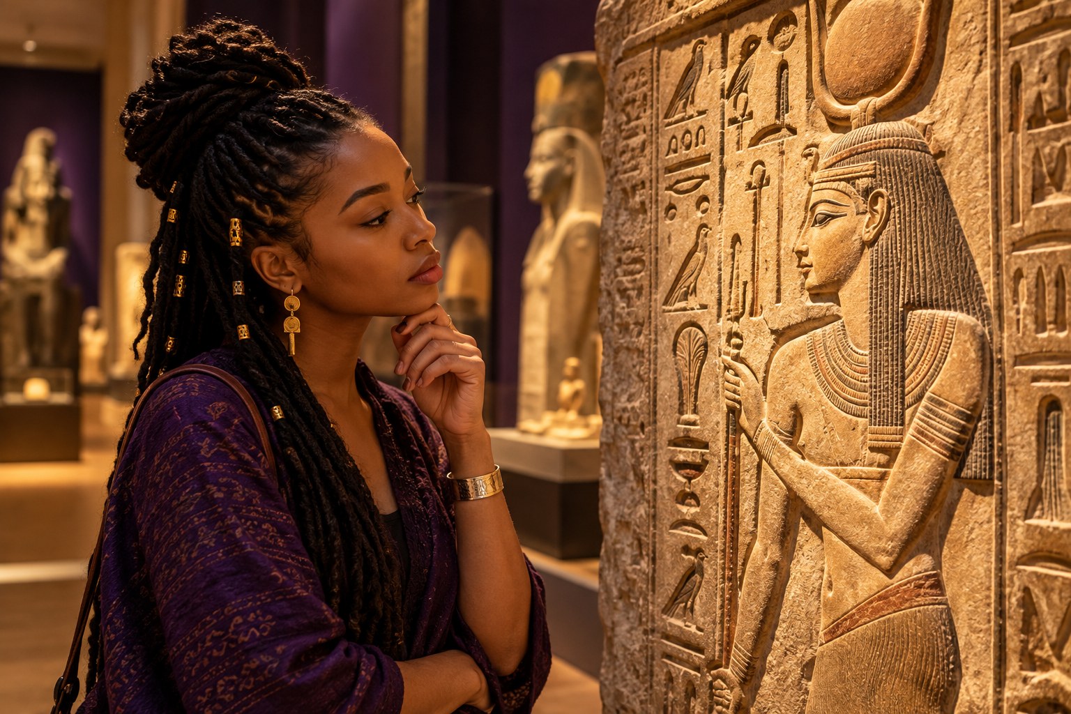 A learner examining an ancient Egyptian carved stone relief in a museum gallery.