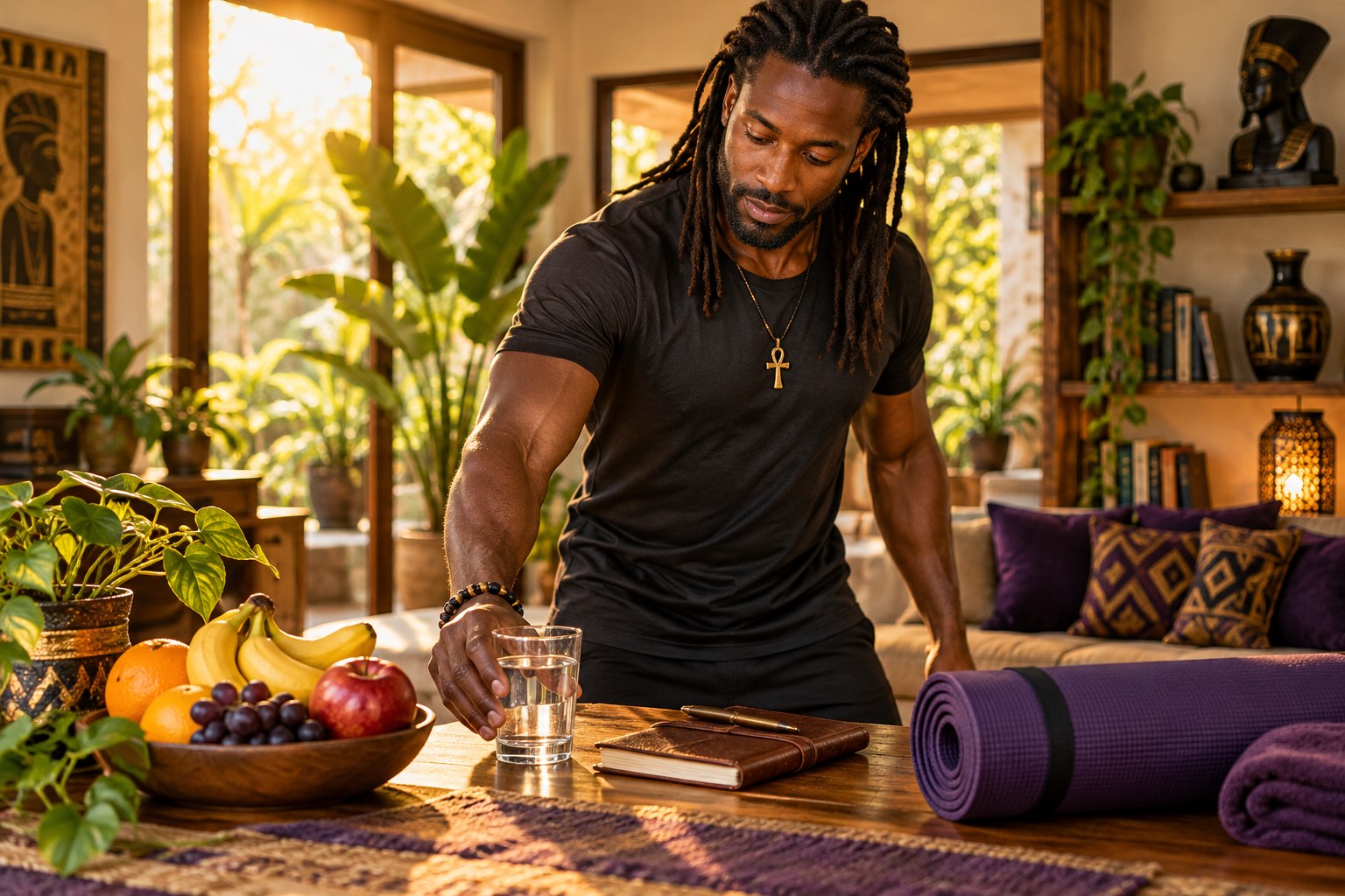 A man setting out water beside a journal, fruit and an exercise mat.
