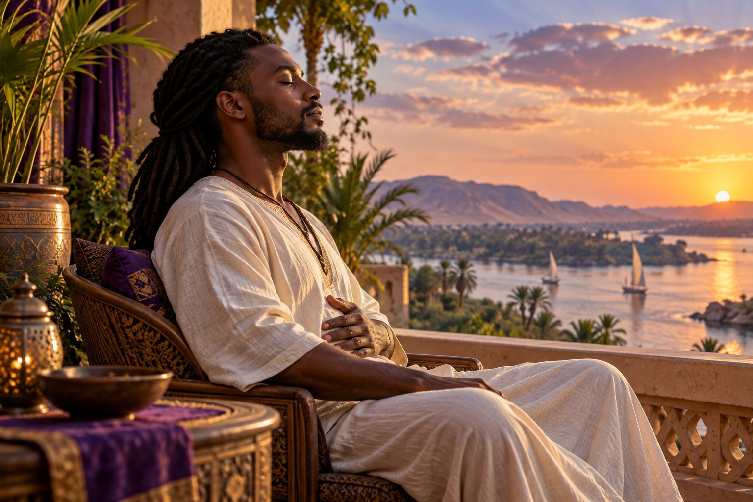 A seated man practicing gentle breathing with one hand resting on his torso.