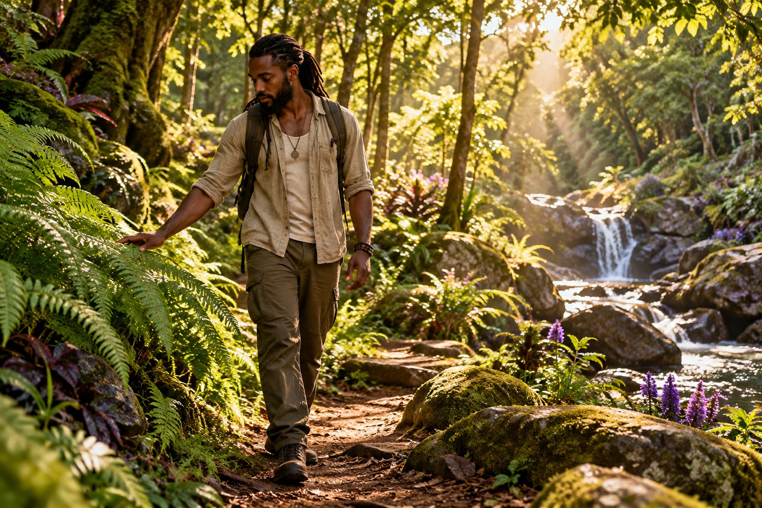 A man walking along a forest path and gently touching a fern.
