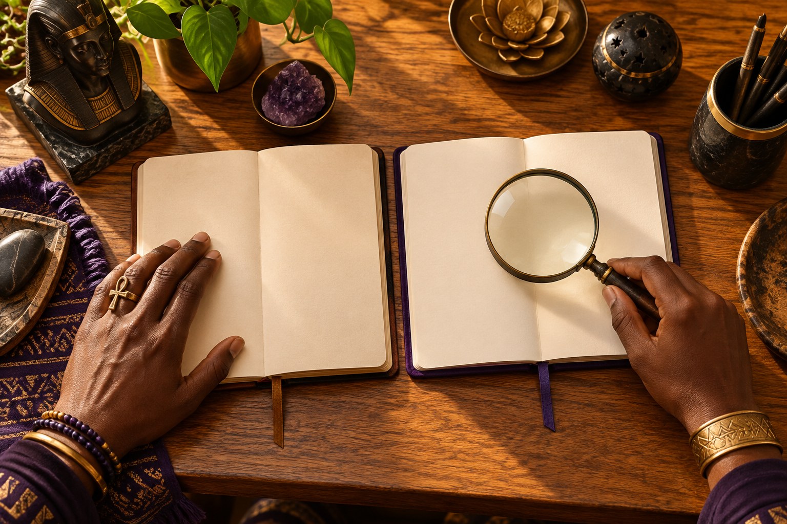 Hands examining open notebooks with a magnifying glass on a wooden desk.