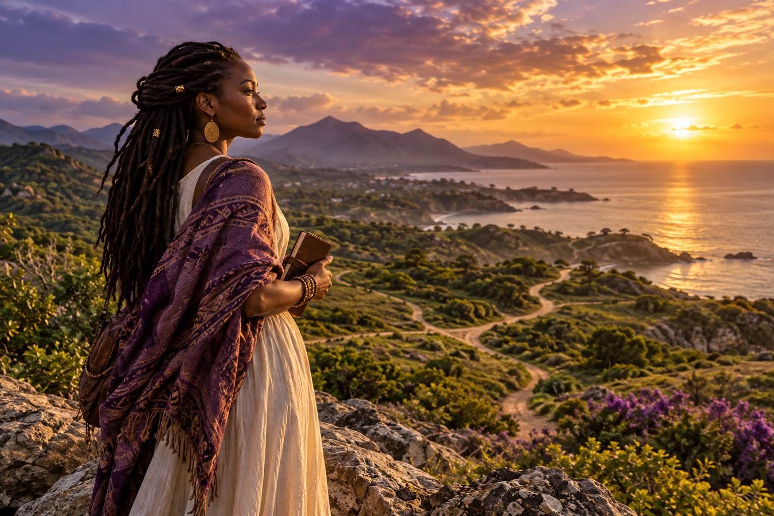 A woman holding a journal while looking across coastal paths toward the sunrise.