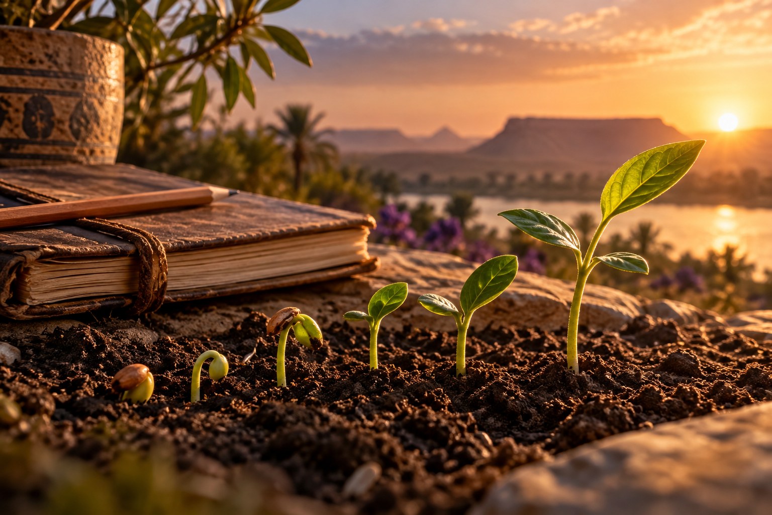 Seedlings at different stages of growth emerging from soil beside a notebook.