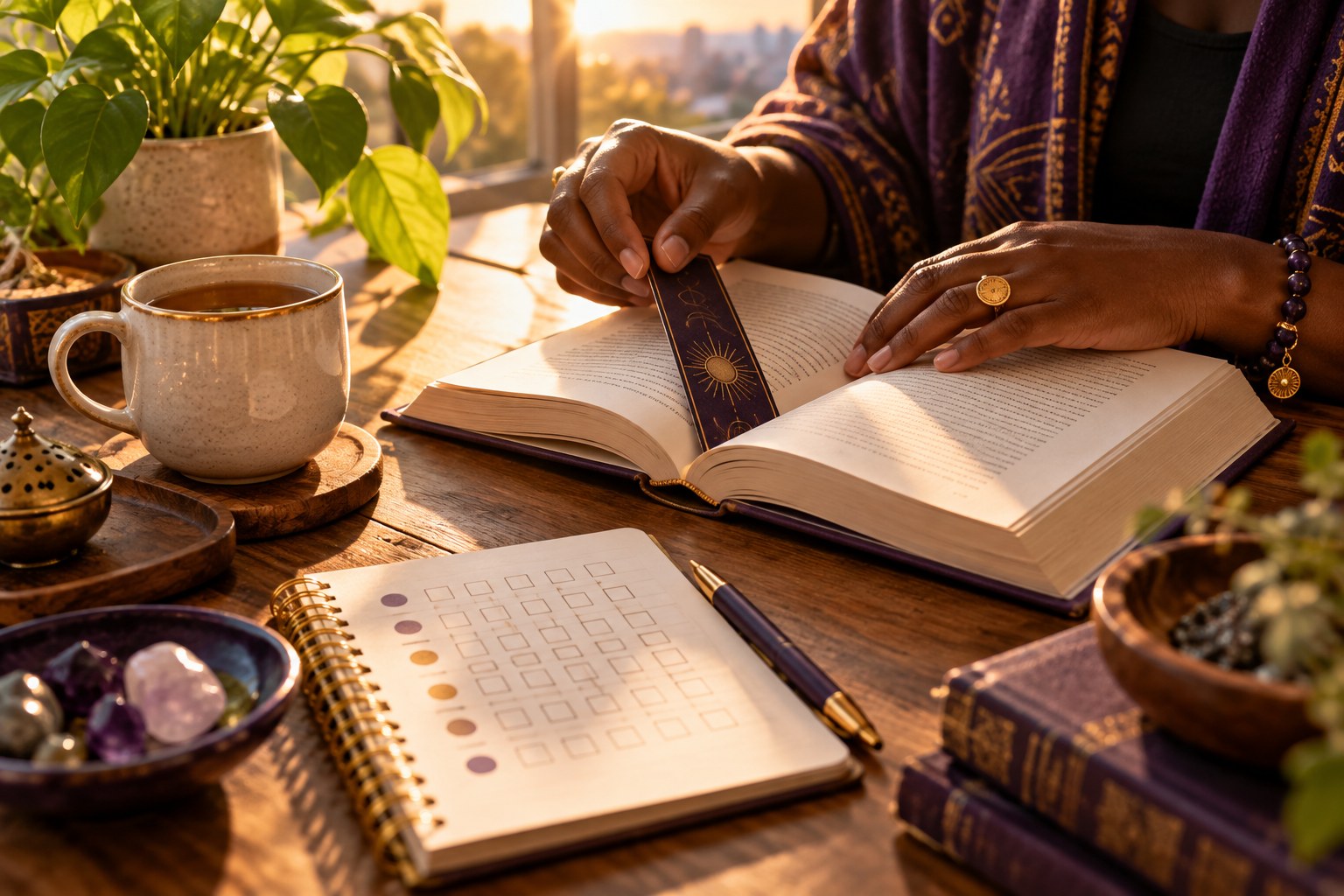 Hands placing a bookmark in an open book beside a weekly habit tracker and morning tea.
