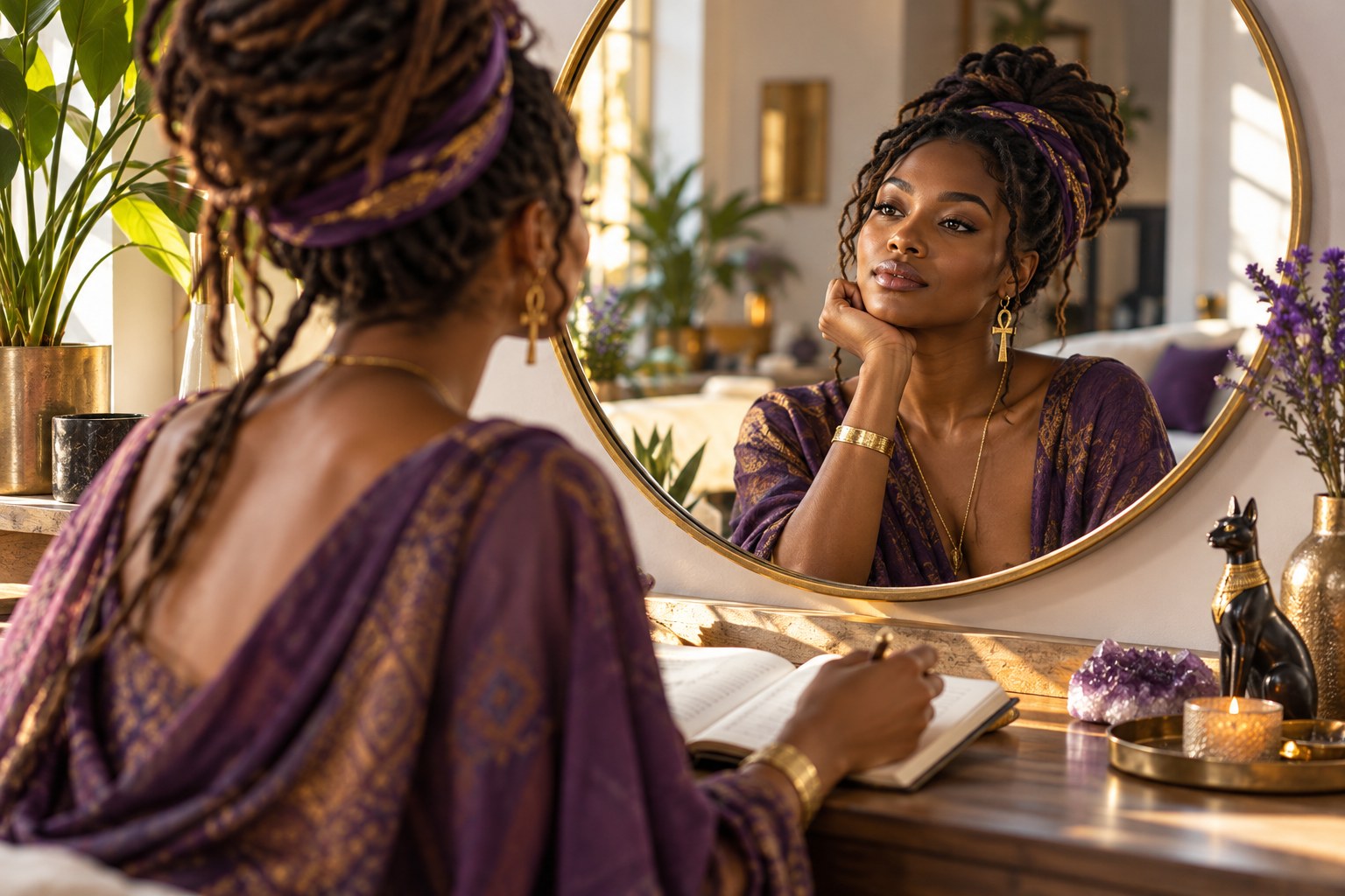 A woman looking at her reflection in a round mirror while holding a journal.