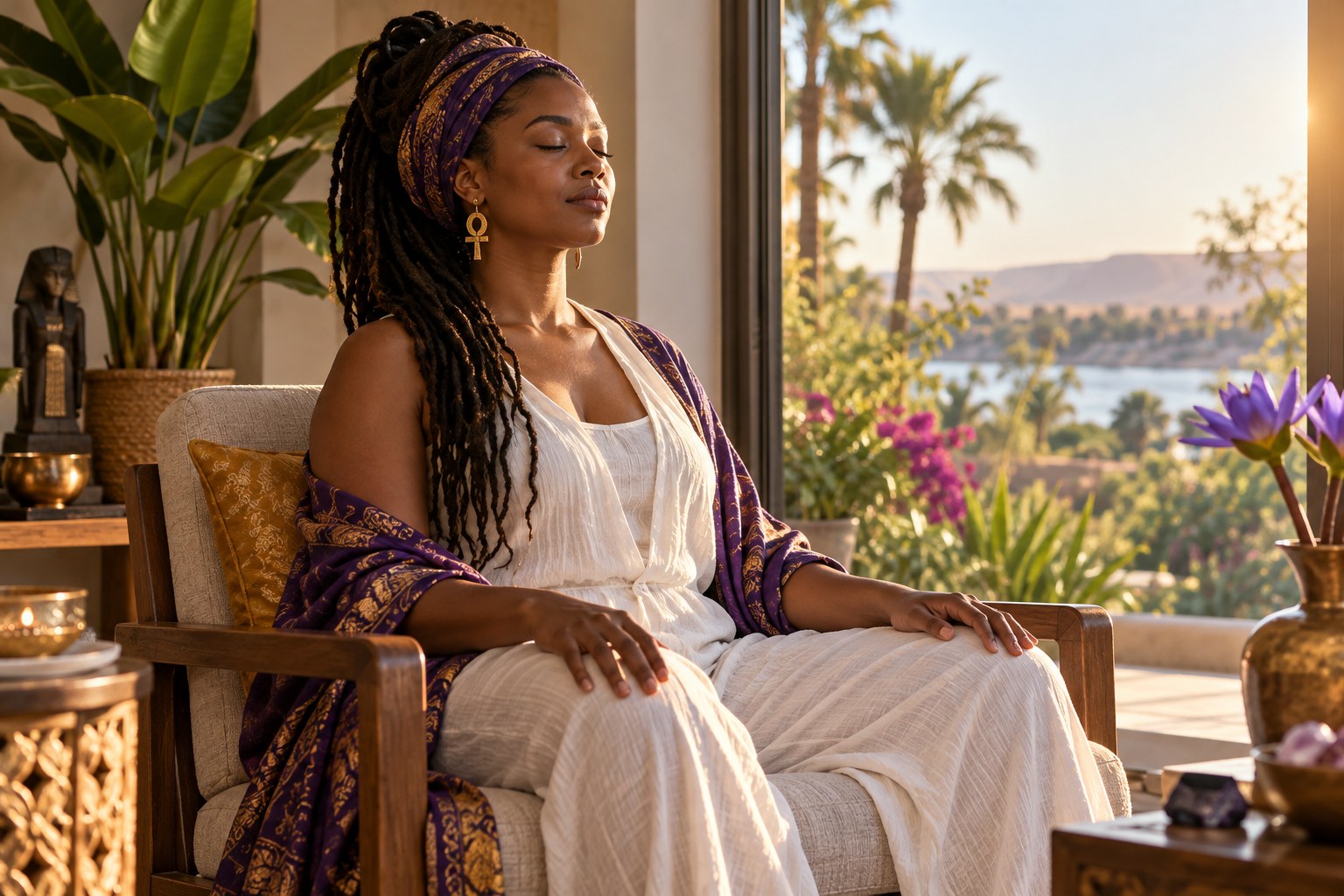 A woman seated comfortably in a chair with relaxed hands during a meditation practice.
