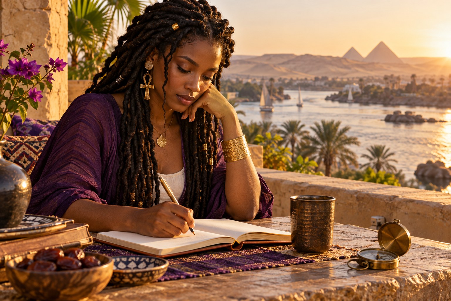 A woman writing in a journal beside a compass on a sunlit terrace.