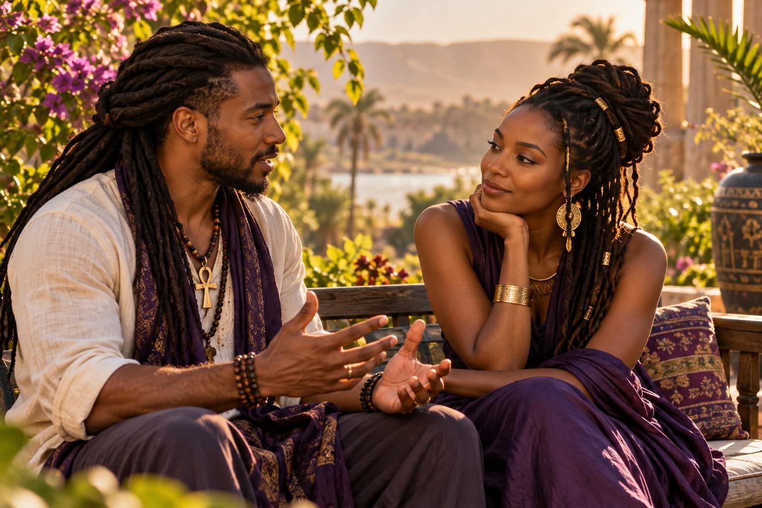 Two adults having an attentive conversation on a garden bench.