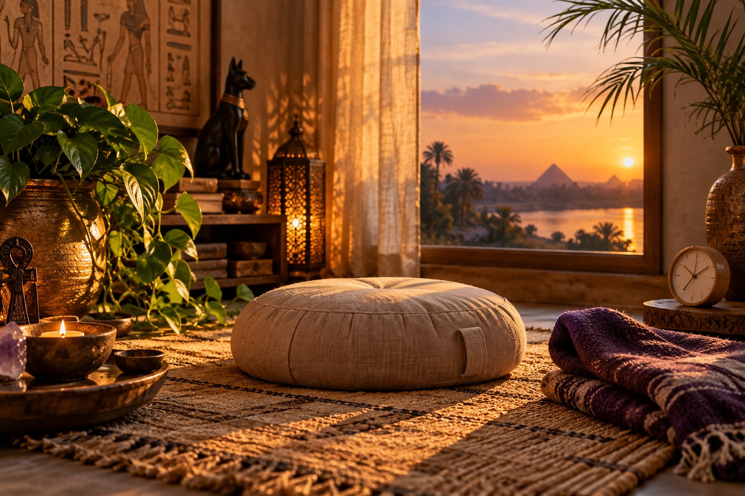 A meditation cushion, folded blanket and small clock in a quiet corner.