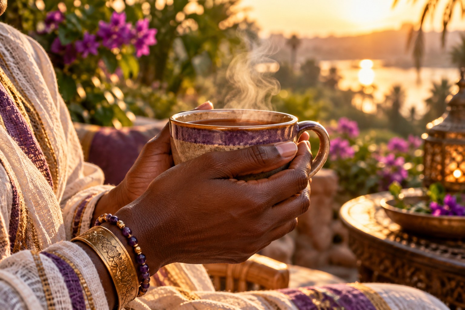 Hands holding a warm ceramic mug of tea in soft sunlight.