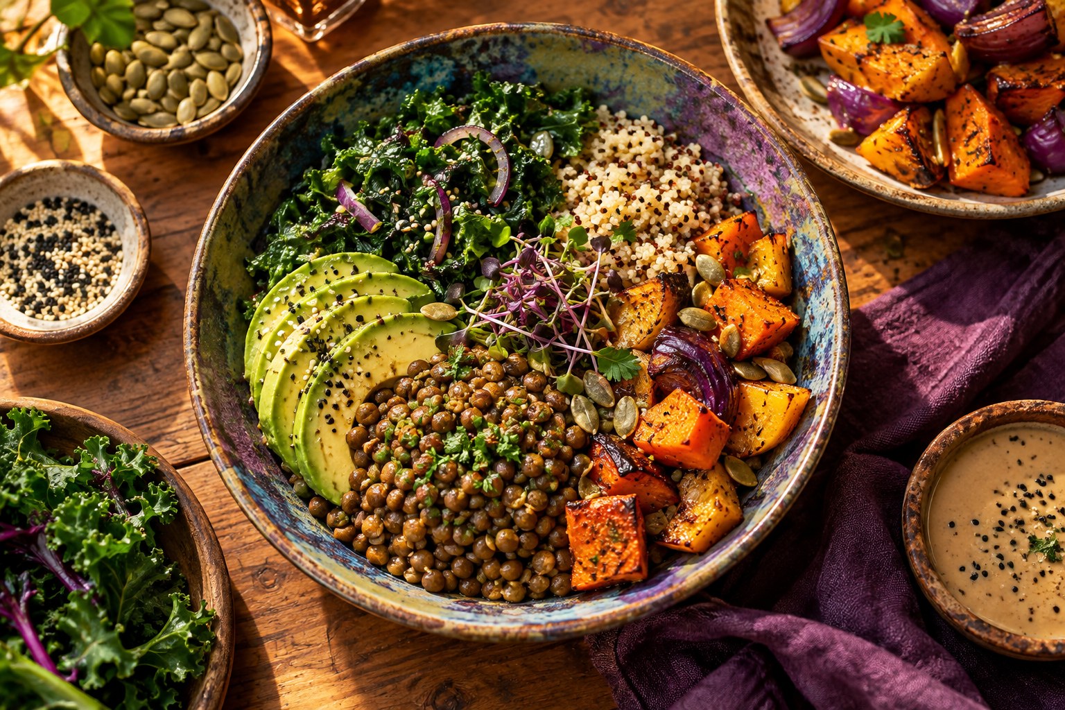 A plant-based meal with lentils, whole grains, leafy greens, avocado and roasted vegetables.