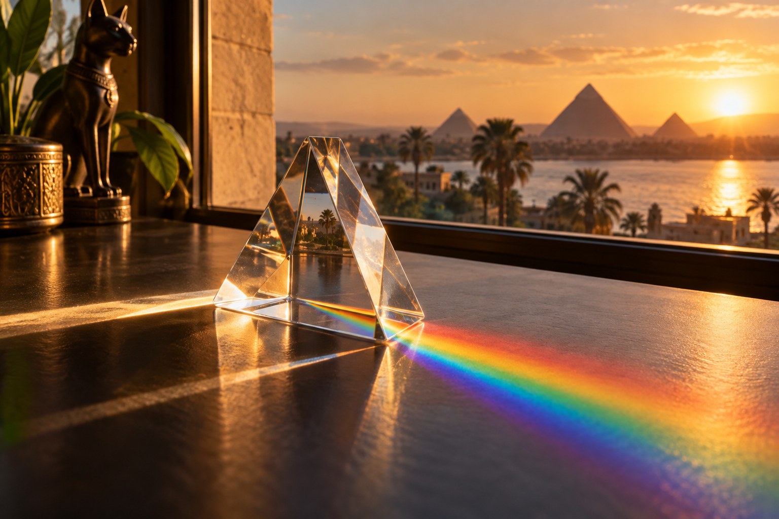 A glass prism refracting sunlight into a spectrum on a tabletop.