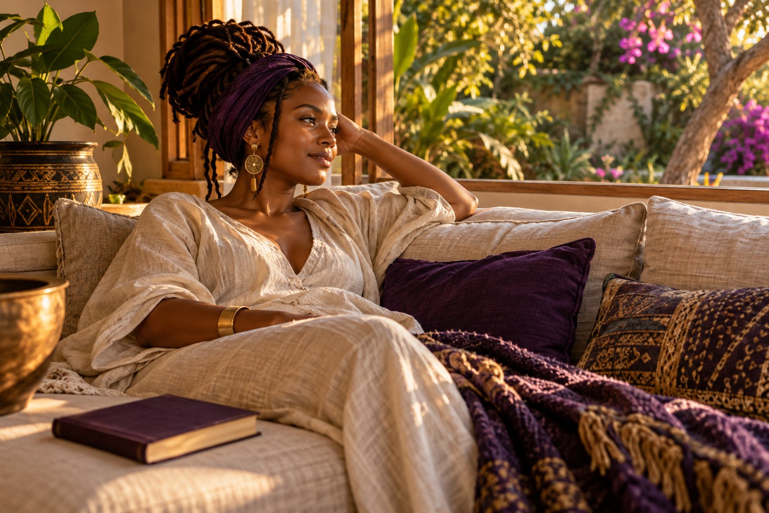 A woman resting on a linen sofa beside a window overlooking a garden.