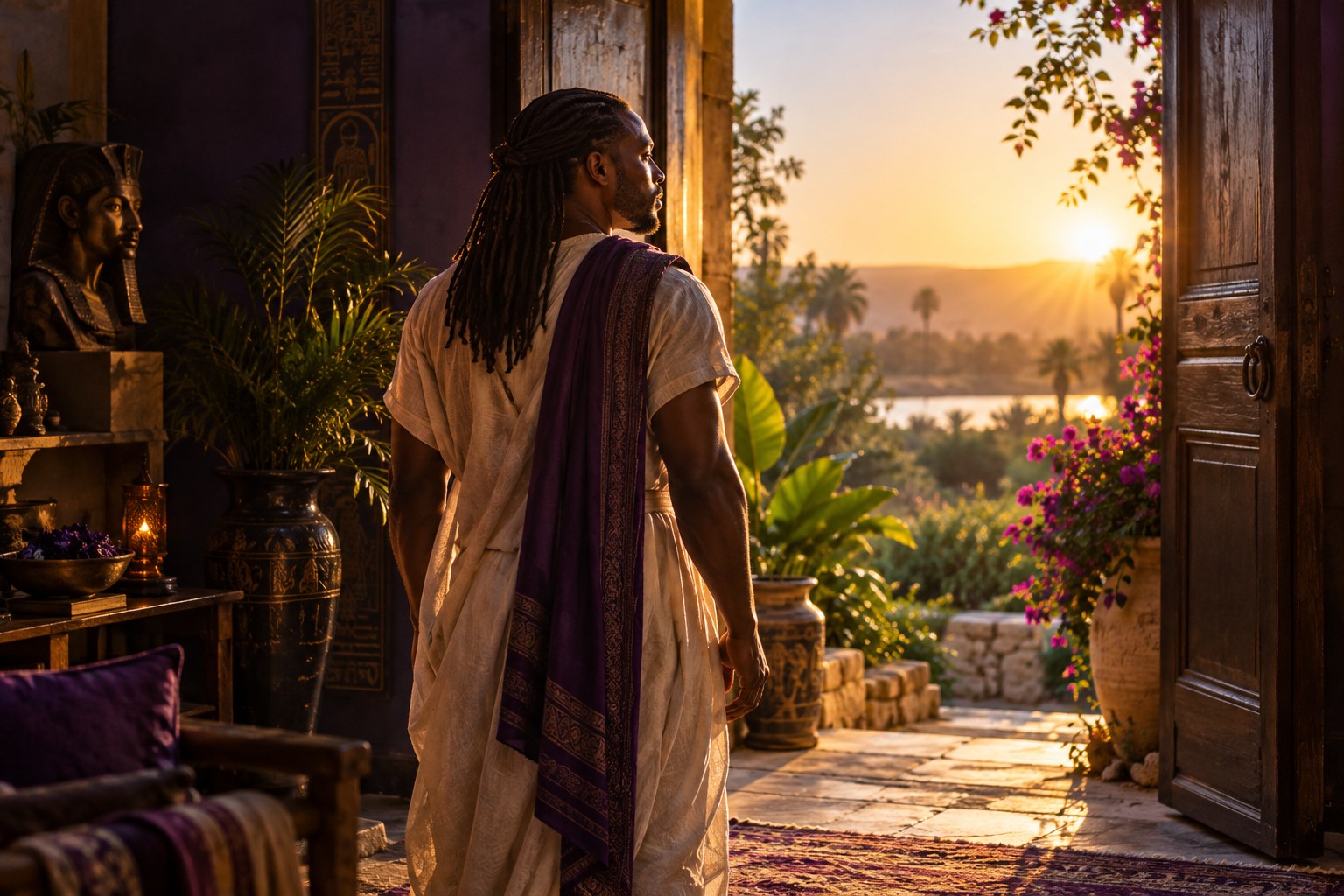 A man looking through an open doorway toward a sunlit garden and river.