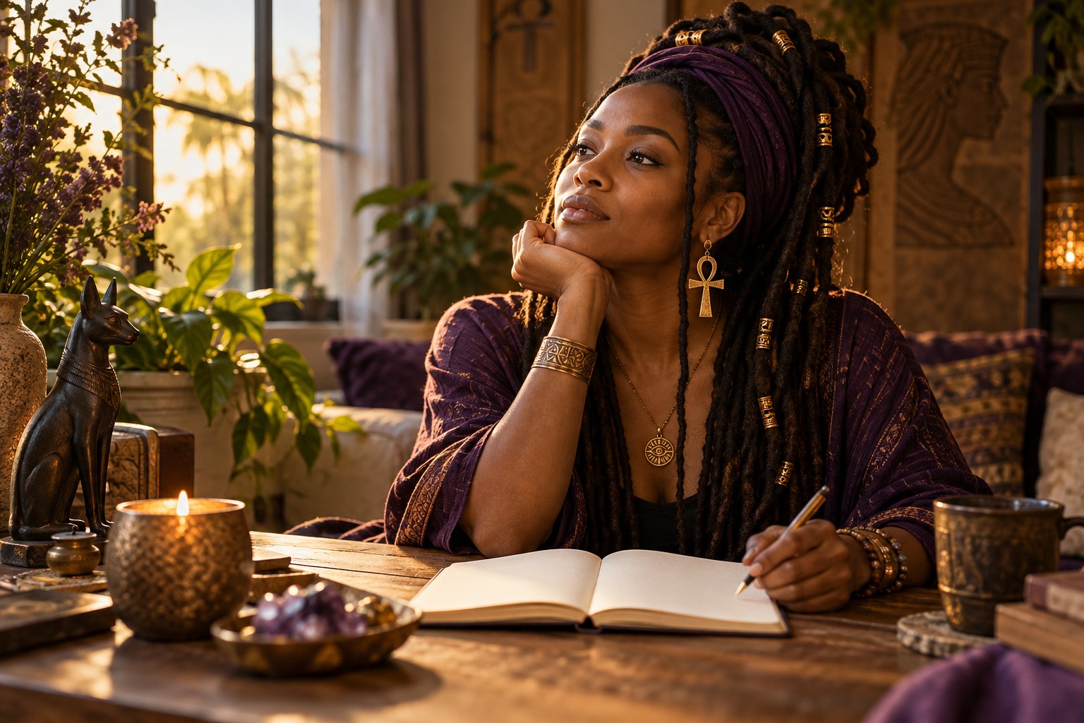 A woman reflecting beside a candle and an open journal in a sunlit room.