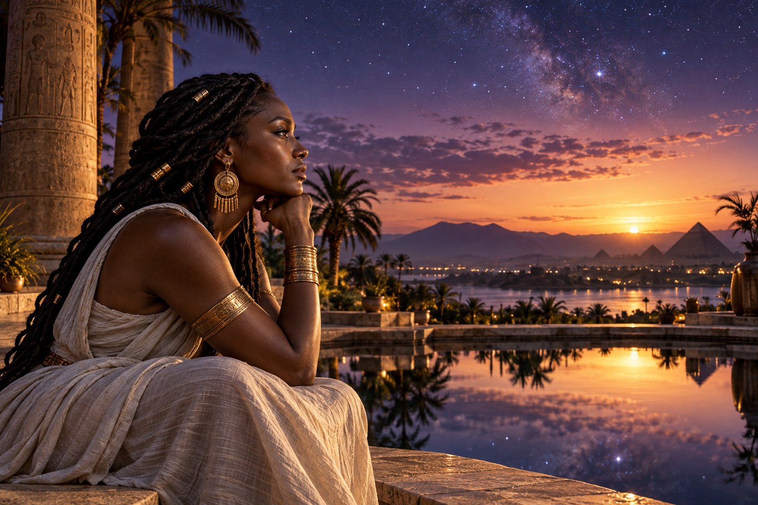 A thoughtful woman beside a reflective pool at twilight beneath a starry sky.