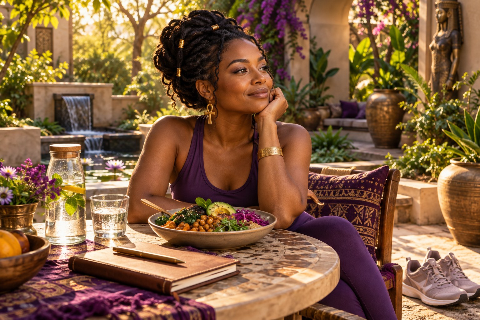 A woman in a garden courtyard with a plant-based meal, water and a journal.