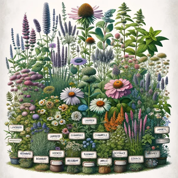 Kemetic.app - A beautiful and vibrant illustration of a variety of medicinal herbs arranged in a botanical setting.