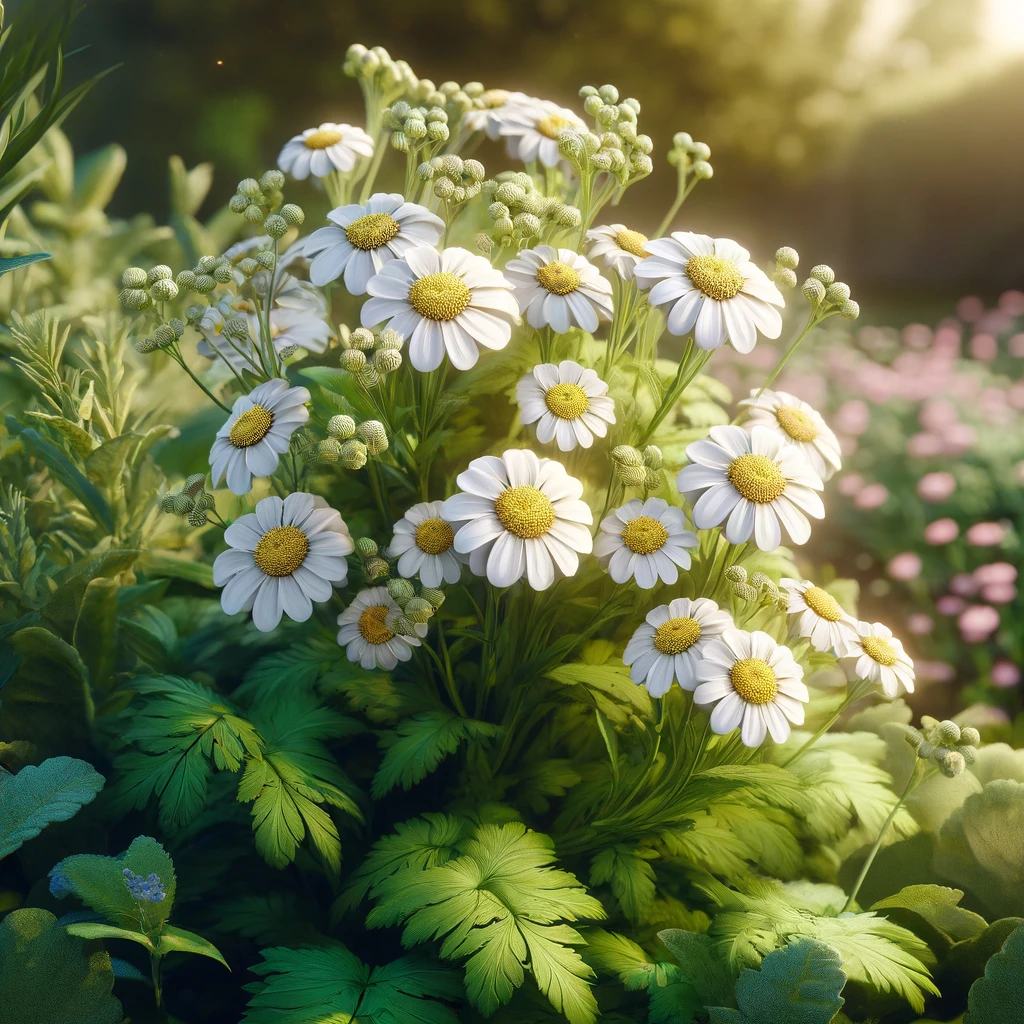 Kemetic.app - A highly detailed and realistic illustration of Feverfew plants in a garden setting.